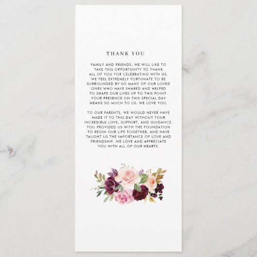 Hochzeitsfeiern mit Wasserfarbe Burgund und Blush Programm (Rückseite)