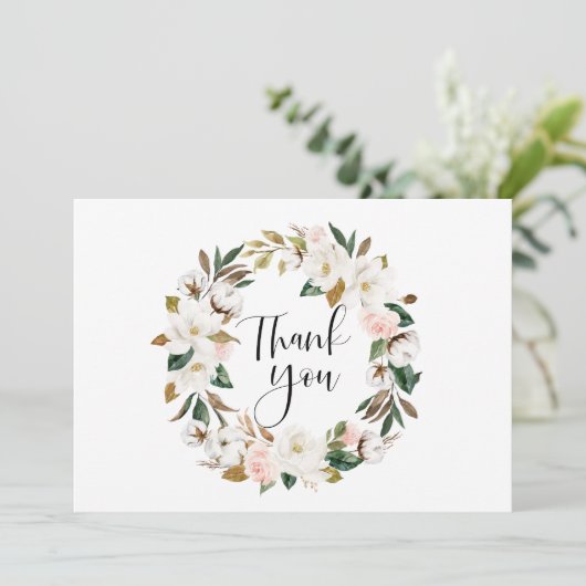 Hochzeitsfeiern mit Watercolor Magnolias und Cotto Dankeskarte (Stehend Vorderseite)