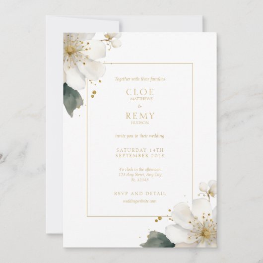 Hochzeitsfeiern mit weißem und goldfarbenem Blattw Einladung (Vorderseite)