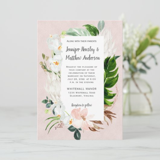 Hochzeitsfeiern mit weißem und weißem Tropenblumen Einladung (Stehend Vorderseite)