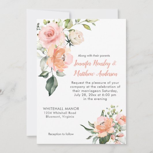 Hochzeitsfeiern mit weißer Rose und Pfirsichpfirsi Einladung (Vorderseite)