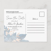 Hochzeitsfeiern Save the Date mit blauem Blumen Ankündigungspostkarte (Rückseite)
