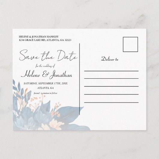 Hochzeitsfeiern Save the Date mit blauem Blumen Ankündigungspostkarte (Rückseite)
