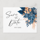 Hochzeitsfeiern Save the Date mit blauem Blumen Ankündigungspostkarte (Vorderseite)
