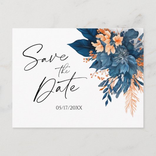 Hochzeitsfeiern Save the Date mit blauem Blumen Ankündigungspostkarte (Vorderseite)
