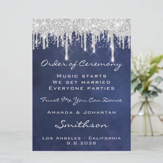 Hochzeitsfeierprogramm Blue Navy Silver Blue Navy Einladung (Stehend Vorderseite)