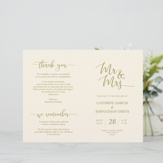 Hochzeitsfeierprogramm, elegantes Script Gold (Stehend Vorderseite)