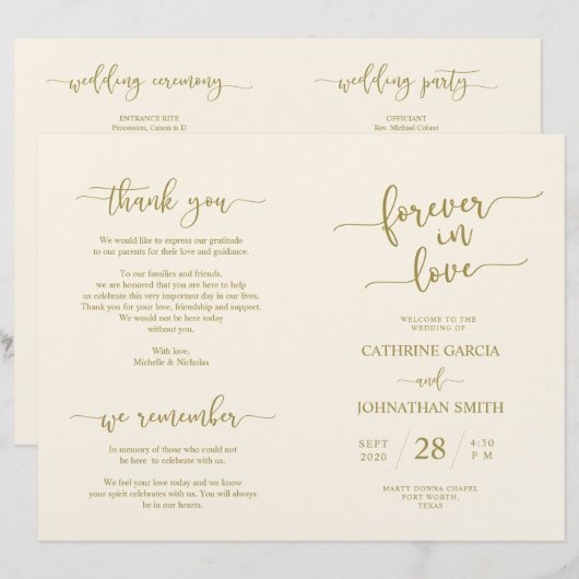 Hochzeitsfeierprogramm, elegantes Script Gold (Vorne/Hinten)