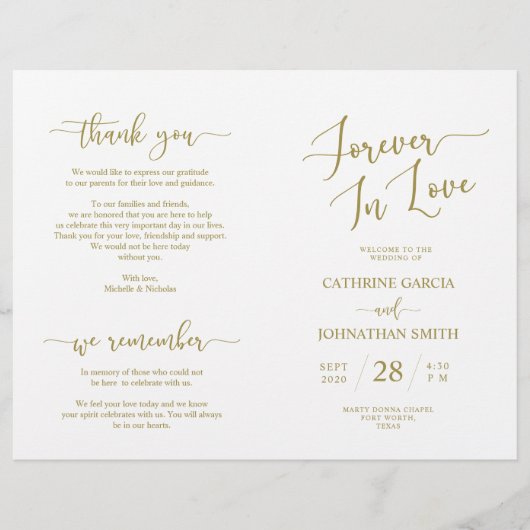 Hochzeitsfeierprogramm, elegantes Script Gold (Vorderseite)