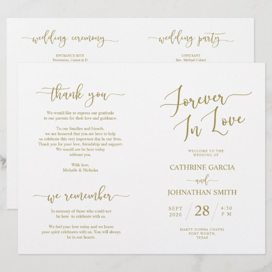 Hochzeitsfeierprogramm, elegantes Script Gold (Vorne/Hinten)