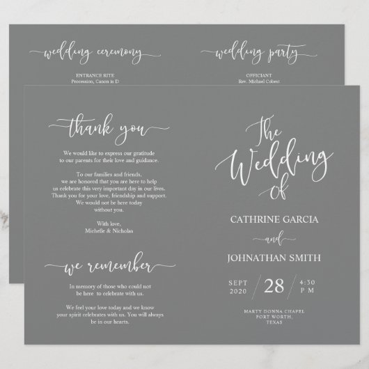 Hochzeitsfeierprogramm, Elegantes Script Gray (Vorne/Hinten)