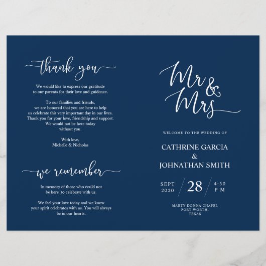Hochzeitsfeierprogramm, Elegantes Skript Navy Blue (Vorderseite)