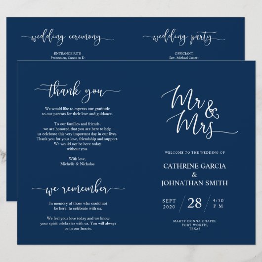 Hochzeitsfeierprogramm, Elegantes Skript Navy Blue (Vorne/Hinten)