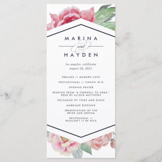 Hochzeitsfeierprogramm für antikes Peony Programm (Vorderseite)