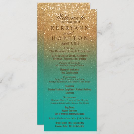 Hochzeitsfeierprogramm für aquamarine Glitzer und Programm (Vorne/Hinten)