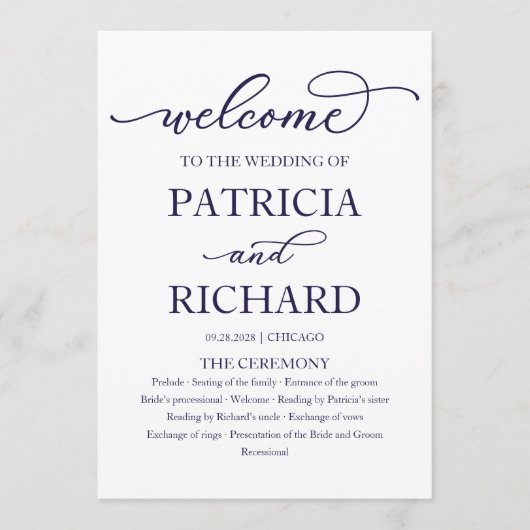 Hochzeitsfeierprogramm für Blaukalligrafie Programm (Vorderseite)