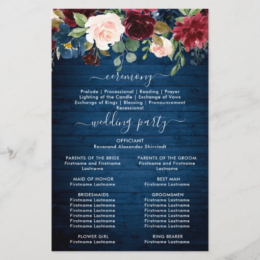 Hochzeitsfeierprogramm für Burgund Navy Blush (Rückseite)