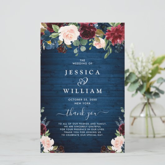 Hochzeitsfeierprogramm für Burgund Navy Blush (Stehend Vorderseite)