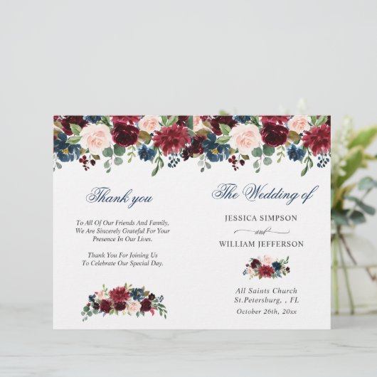 Hochzeitsfeierprogramm für Burgund Navy Blush (Stehend Vorderseite)