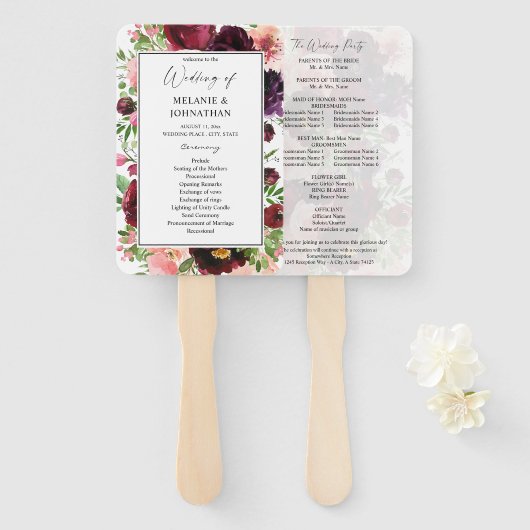 Hochzeitsfeierprogramm für Burgund und Blush Fächer (Vorne und Hinten)