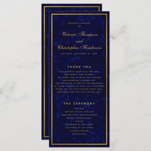 Hochzeitsfeierprogramm für die Marine Blue & Gold Programm (Vorne/Hinten)