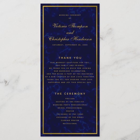 Hochzeitsfeierprogramm für die Marine Blue & Gold Programm (Vorderseite)