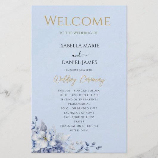Hochzeitsfeierprogramm für Elegante Blauer Flora (Vorderseite)