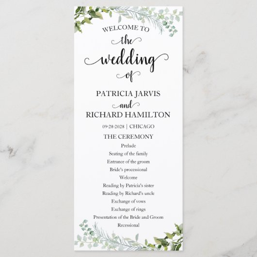 Hochzeitsfeierprogramm für Elegante Grünpflanzen Programm (Vorderseite)