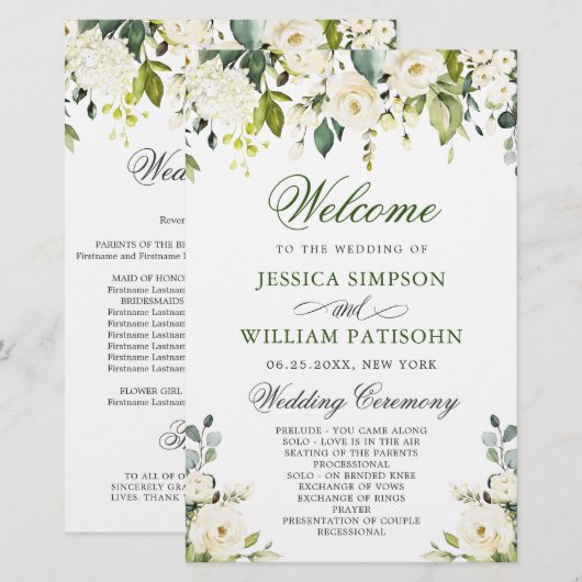 Hochzeitsfeierprogramm für elegante Weiße Rosen (Vorne/Hinten)