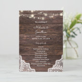 Hochzeitsfeierprogramm für Holz, Spitzen und Licht Einladung (Stehend Vorderseite)