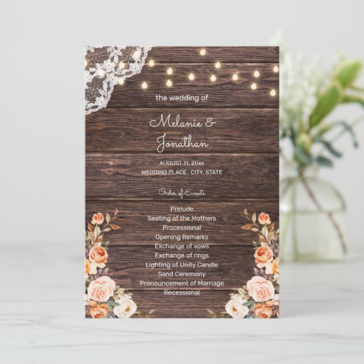 Hochzeitsfeierprogramm für Holz und Pfirsichblumen Einladung (Stehend Vorderseite)