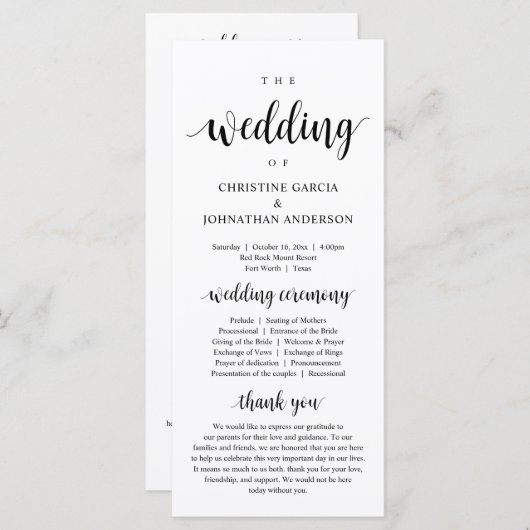 Hochzeitsfeierprogramm für moderne Hochzeiten Programm (Vorne/Hinten)