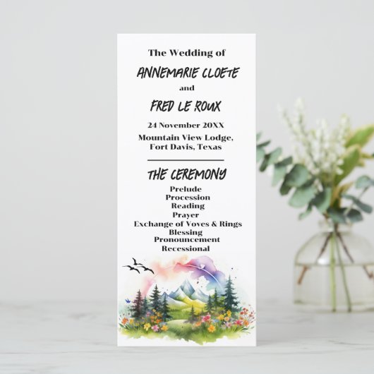 Hochzeitsfeierprogramm für Mountain & Wildblume (Stehend Vorderseite)