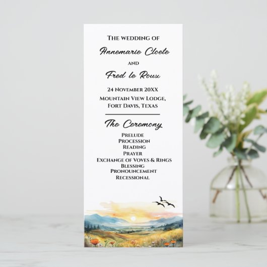 Hochzeitsfeierprogramm für Mountain & Wildblume (Stehend Vorderseite)