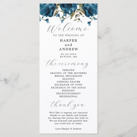 Hochzeitsfeierprogramm für Navy Blue Floral Programm (Vorderseite)