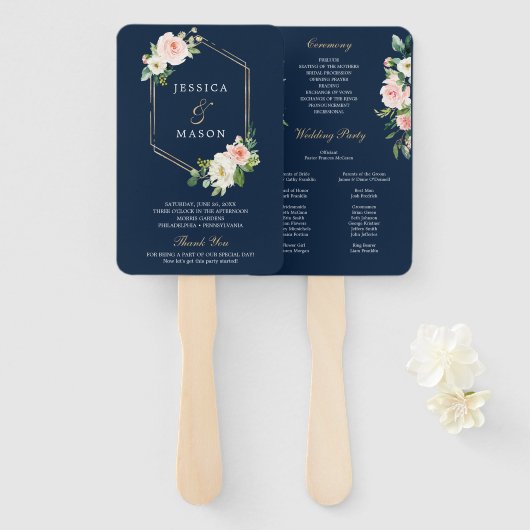 Hochzeitsfeierprogramm für Navy Blue Gold Blush Fächer (Vorne und Hinten)