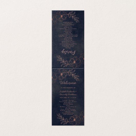 Hochzeitsfeierprogramm für Navy Blue & Rose Gold (Außenseite Aufgefaltet)