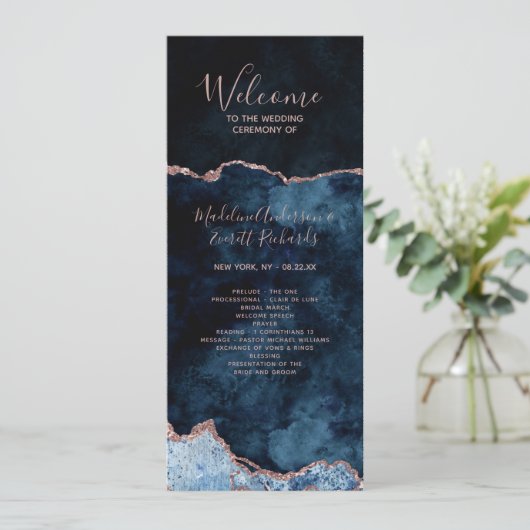 Hochzeitsfeierprogramm für Navy Blue Rose Gold Aga Programm (Stehend Vorderseite)