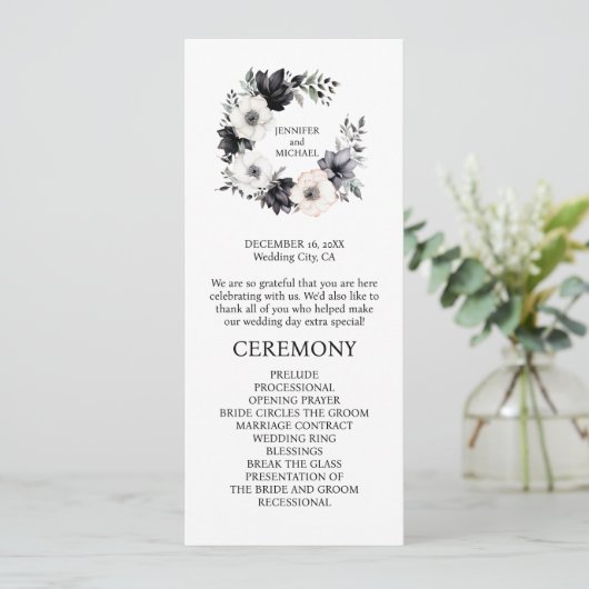 Hochzeitsfeierprogramm für Schwarz-Weiß-Blume Programm (Stehend Vorderseite)