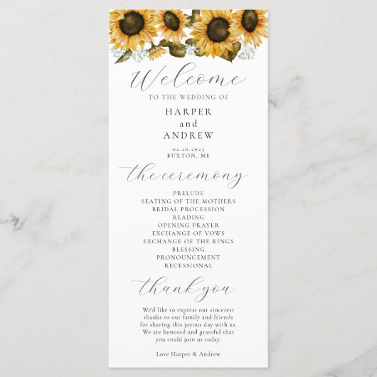 Hochzeitsfeierprogramm für Sonnenblumen Programm (Vorderseite)