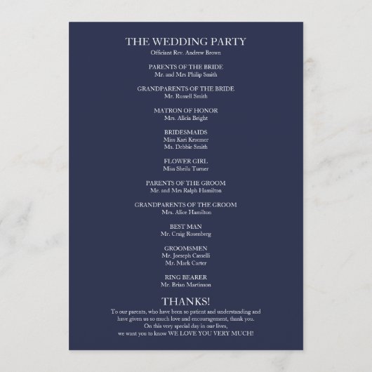 Hochzeitsfeierprogramm "Navy Blue Elegant" Programm (Rückseite)