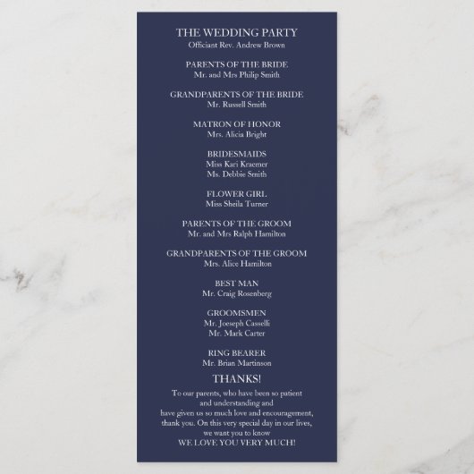 Hochzeitsfeierprogramm "Navy Blue Elegant" Programm (Rückseite)