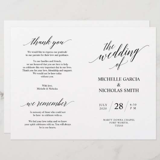 Hochzeitsfeierprogramme, Moderne Eleganz Schwarz (Vorne/Hinten)