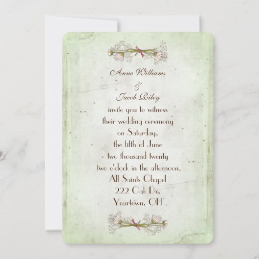 Hochzeitsfeige in weichem Grün mit zerrissenem Pap Einladung (Rückseite)
