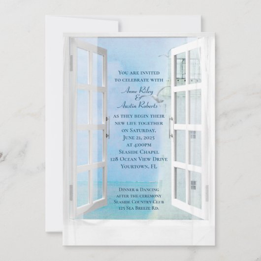 Hochzeitsfenster mit weißem Leuchtturm mit Möwen Einladung (Vorderseite)