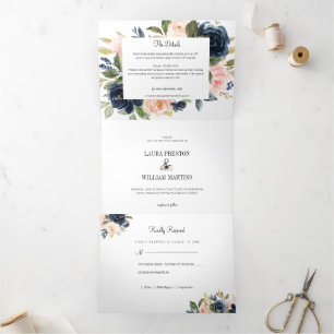 Hochzeitsfest in Navy Blue und Blush Pink Blues Bl Dreifach Gefaltete Einladung