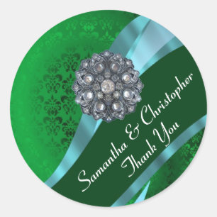 Hochzeitsfest mit grünem und rosa Damast Siegel Runder Aufkleber