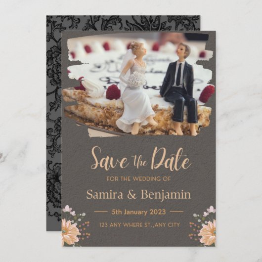 Hochzeitsfigur eines Paares, dunkelgrau und orange Einladung (Vorne/Hinten)