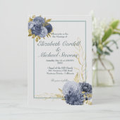 Hochzeitsflat Dusty Blue Gold Einladung zur Hochze (Stehend Vorderseite)