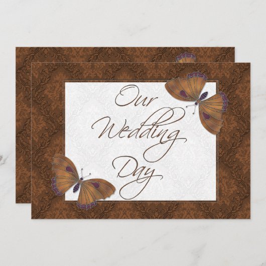 Hochzeitsflatter Einladung Butterfly Brocade braun (Vorne/Hinten)